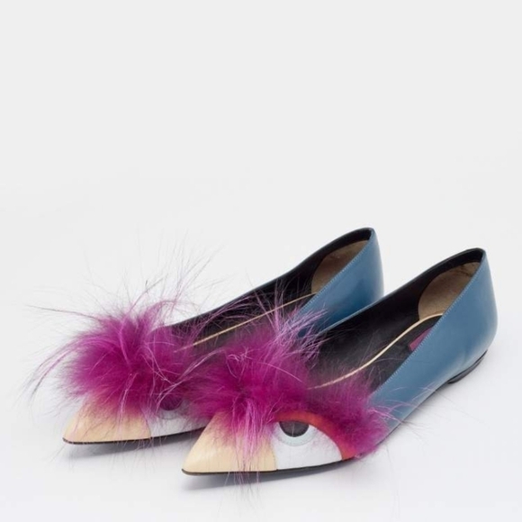 NIB Fendi Leather Fur Monster Eye Pointed Toe Ballet Flats Size 38 - Picture 1 of 13